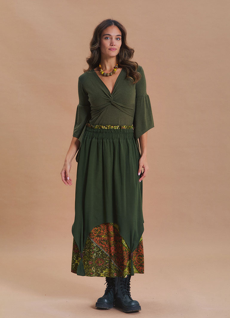Elastic Waist Double Layer Green Print Asymmetrical Skirt