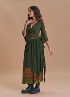 Elastic Waist Double Layer Green Print Asymmetrical Skirt