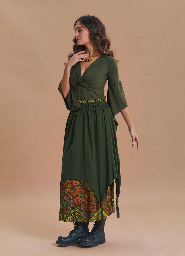 Elastic Waist Double Layer Green Print Asymmetrical Skirt