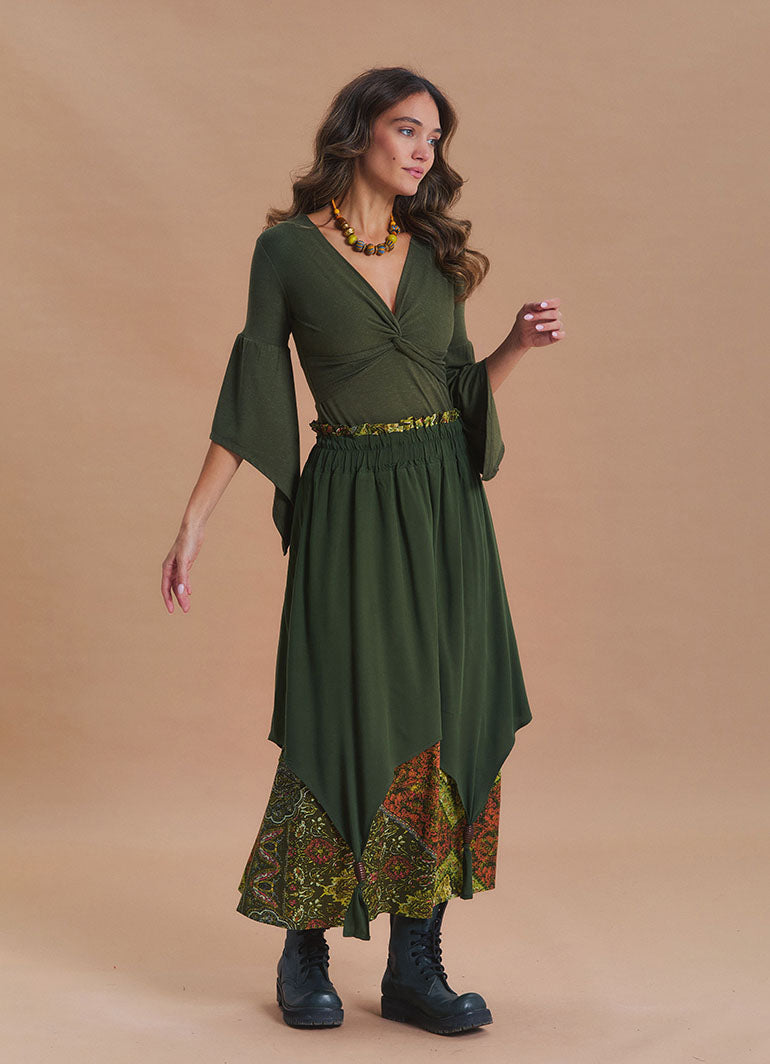 Elastic Waist Double Layer Green Print Asymmetrical Skirt