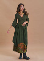 Elastic Waist Double Layer Green Print Asymmetrical Skirt