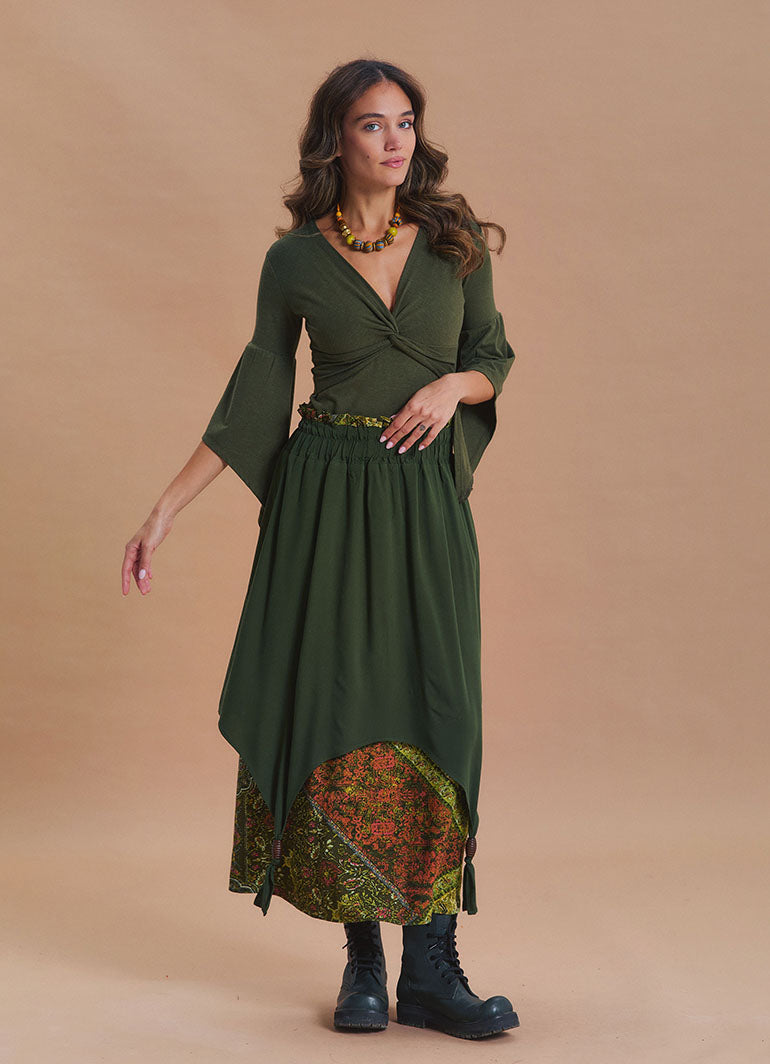 Elastic Waist Double Layer Green Print Asymmetrical Skirt