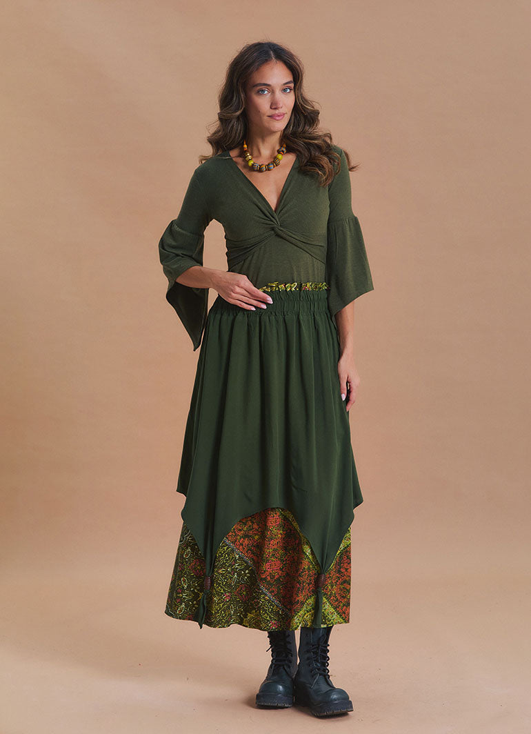 Elastic Waist Double Layer Green Print Asymmetrical Skirt