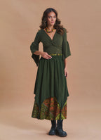 Elastic Waist Double Layer Green Print Asymmetrical Skirt