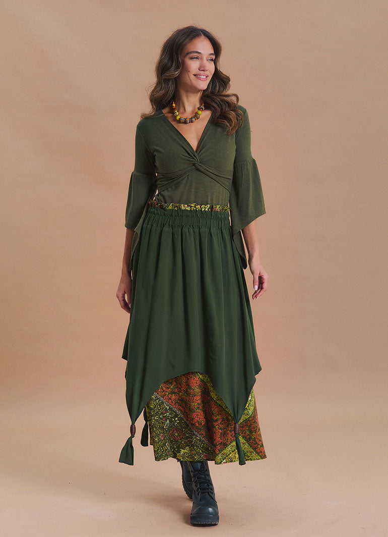 Elastic Waist Double Layer Green Print Asymmetrical Skirt