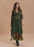 Elastic Waist Double Layer Green Print Asymmetrical Skirt