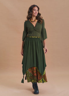 Elastic Waist Double Layer Green Print Asymmetrical Skirt
