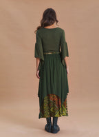 Elastic Waist Double Layer Green Print Asymmetrical Skirt
