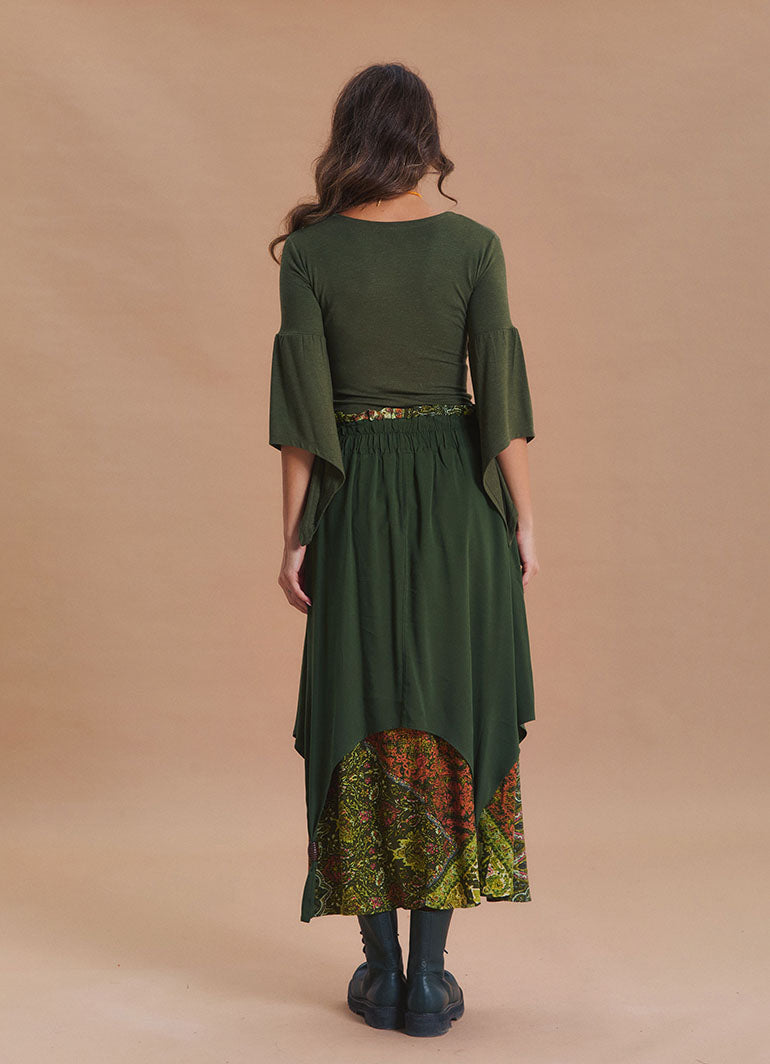 Elastic Waist Double Layer Green Print Asymmetrical Skirt