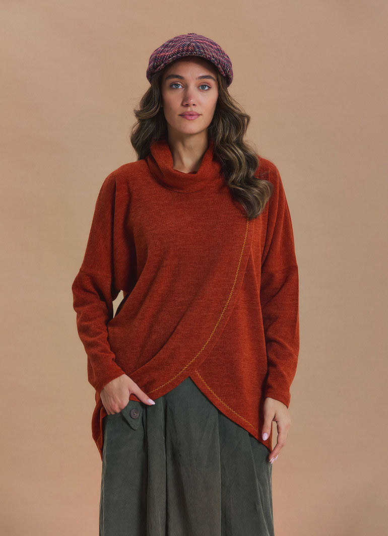 Cowl Neck Wrap Front Terracotta Knit Cardigan