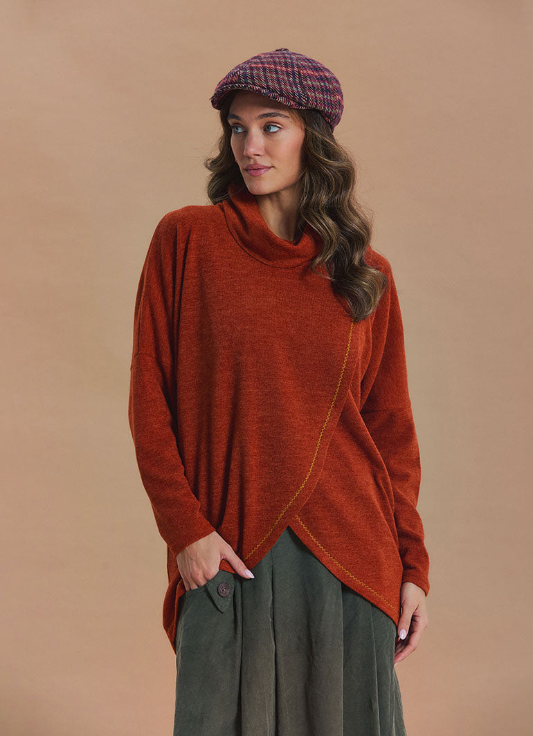 Cowl Neck Wrap Front Terracotta Knit Cardigan