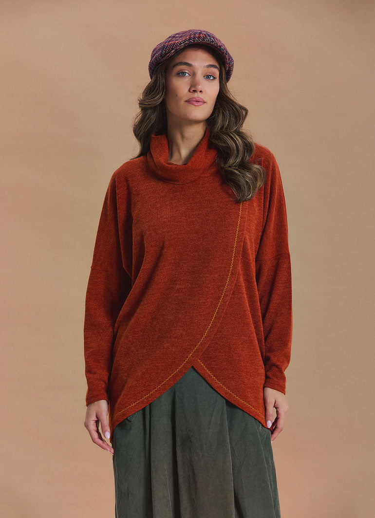 Cowl Neck Wrap Front Terracotta Knit Cardigan