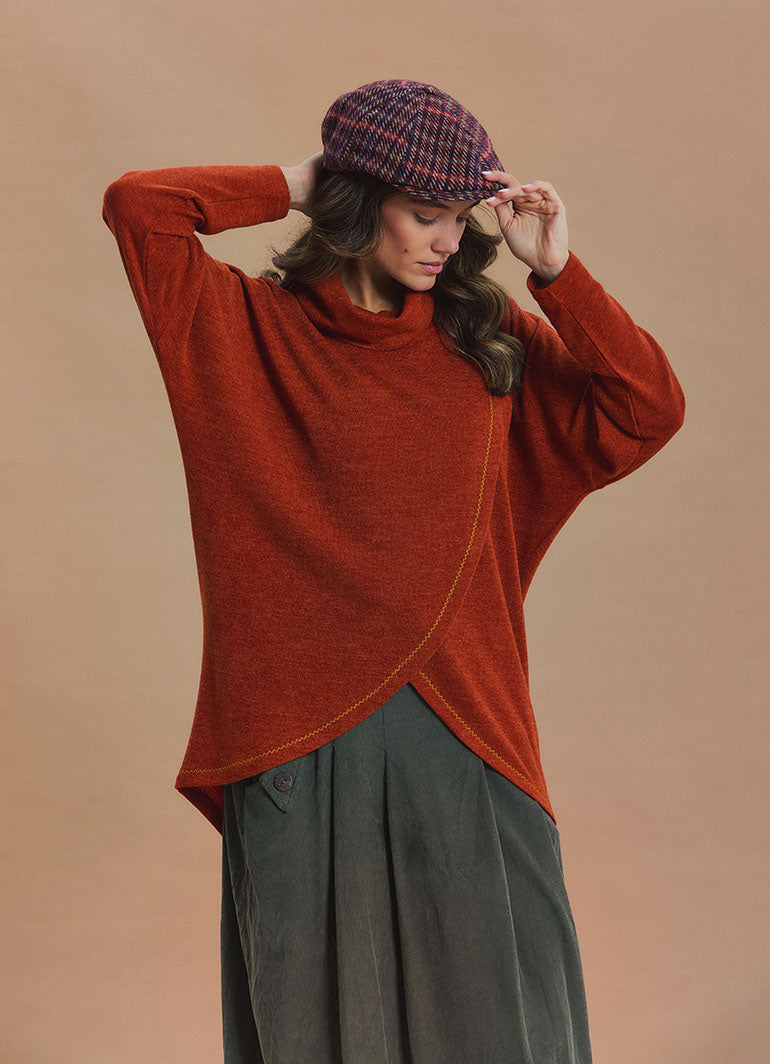Cowl Neck Wrap Front Terracotta Knit Cardigan