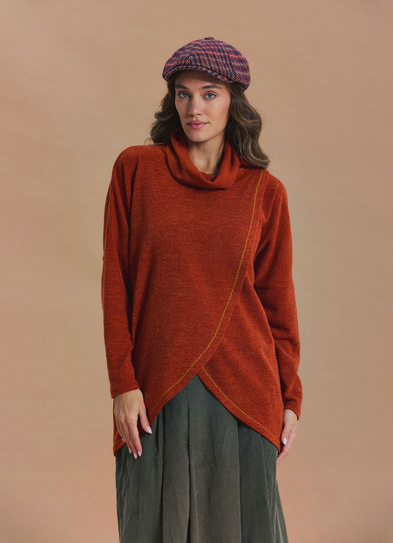 Cowl Neck Wrap Front Terracotta Knit Cardigan