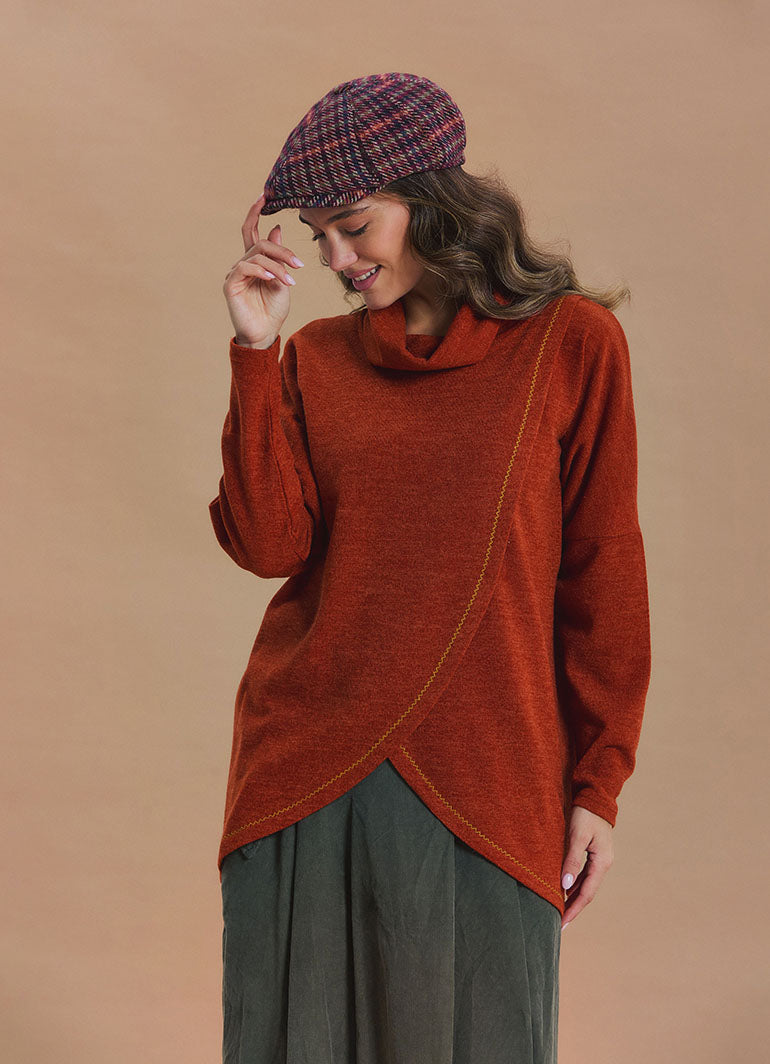 Cowl Neck Wrap Front Terracotta Knit Cardigan