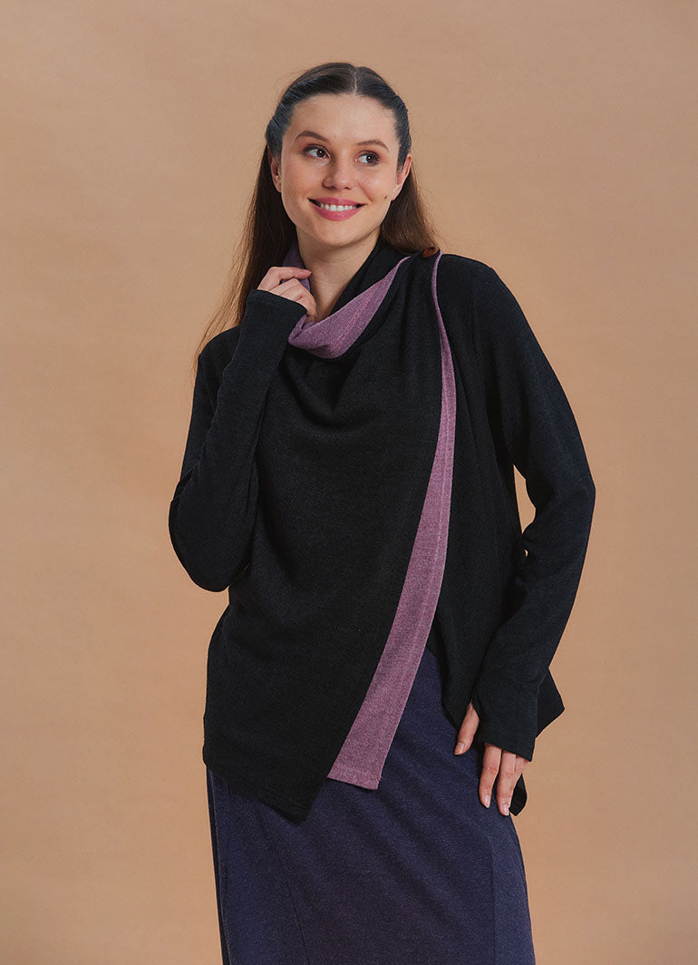 Cowl Neck Thumbhole Sleeve Black Lilac Long Knit Cardigan