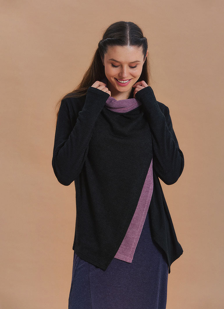 Cowl Neck Thumbhole Sleeve Black Lilac Long Knit Cardigan