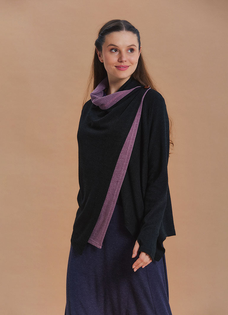 Cowl Neck Thumbhole Sleeve Black Lilac Long Knit Cardigan