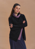 Cowl Neck Thumbhole Sleeve Black Lilac Long Knit Cardigan