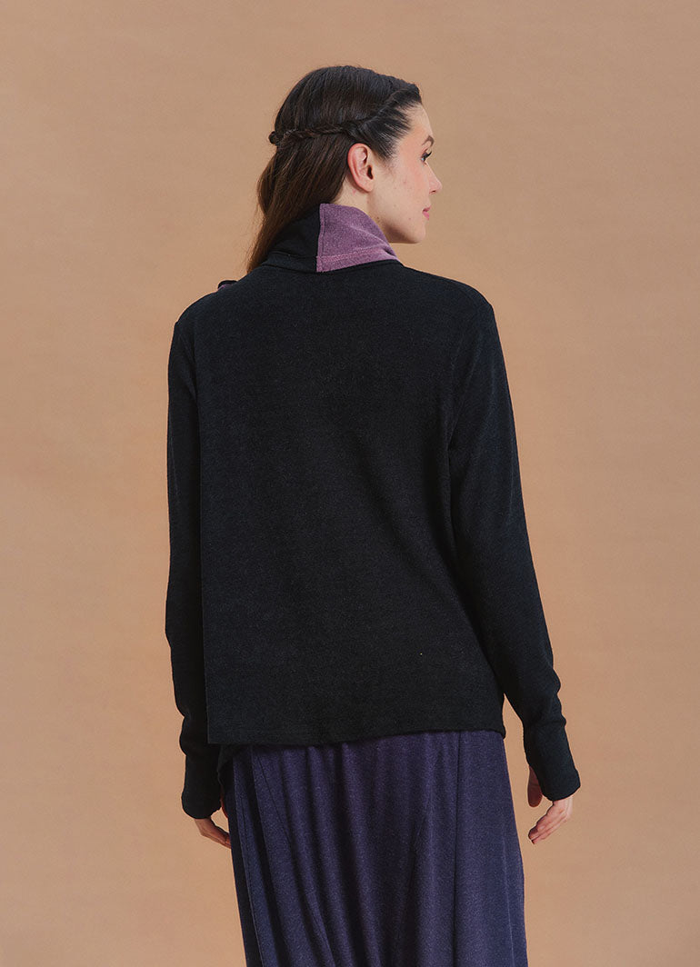 Cowl Neck Thumbhole Sleeve Black Lilac Long Knit Cardigan