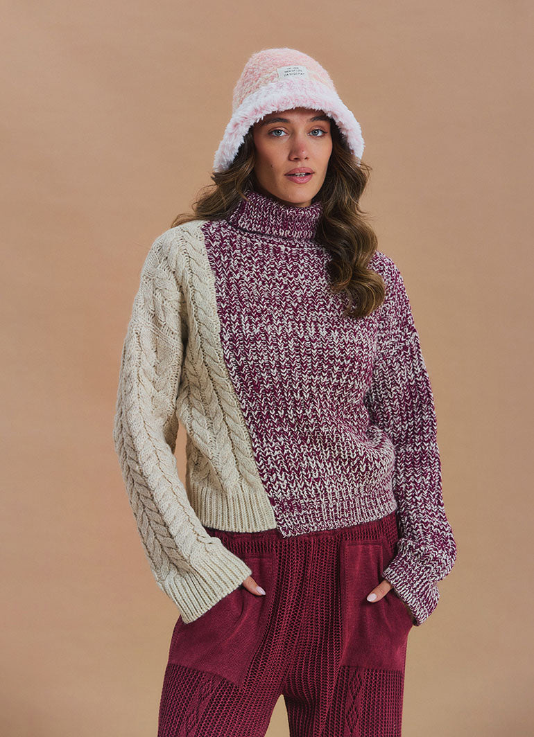 Turtleneck Mixed Knit Burgundy Womens Sweater