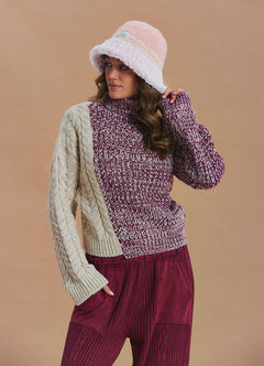 Turtleneck Mixed Knit Burgundy Womens Sweater