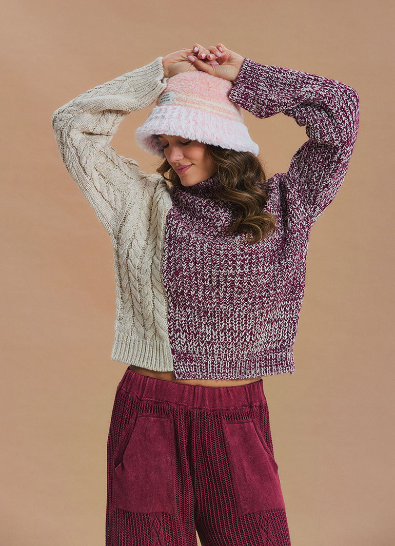 Turtleneck Mixed Knit Burgundy Womens Sweater