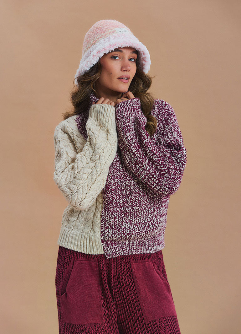 Turtleneck Mixed Knit Burgundy Womens Sweater
