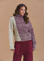 Turtleneck Mixed Knit Burgundy Womens Sweater