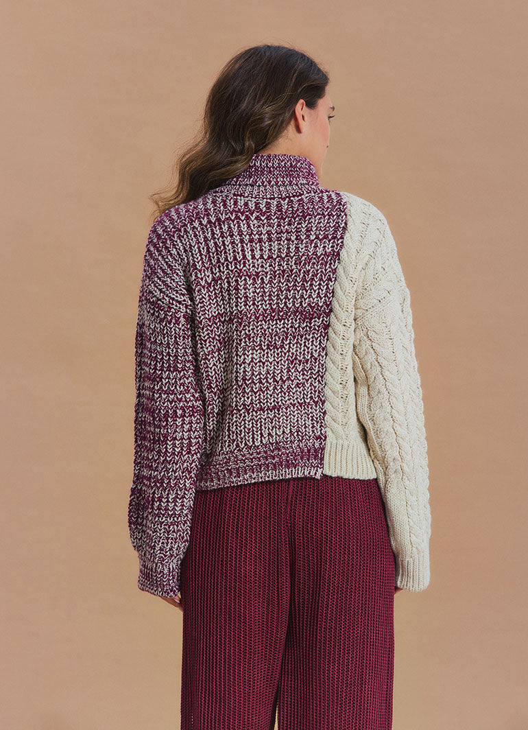 Turtleneck Mixed Knit Burgundy Womens Sweater
