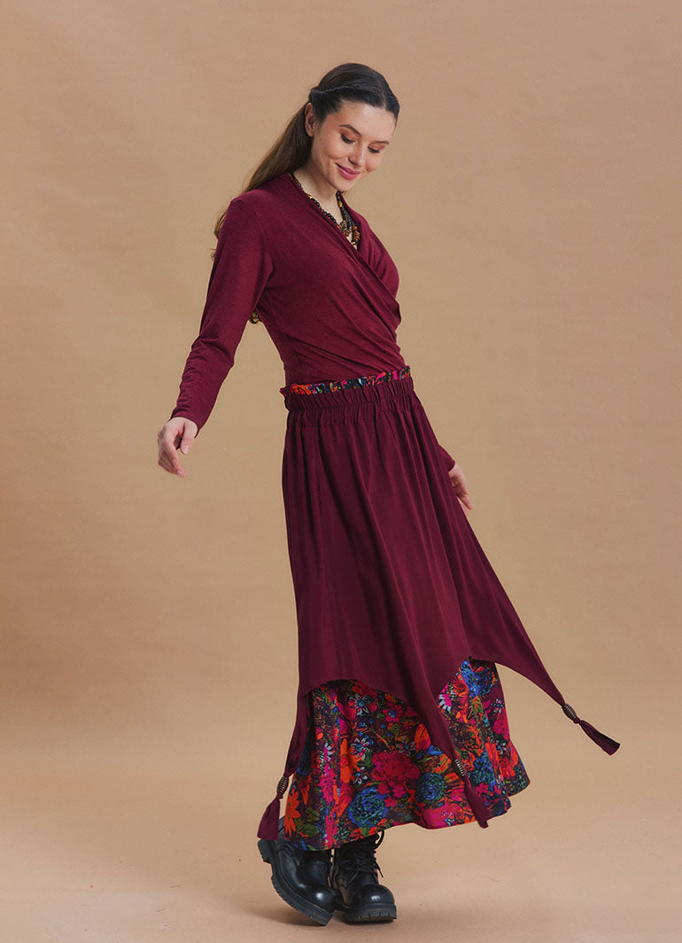 Elastic Waist Double Layer Black Floral Asymmetrical Skirt