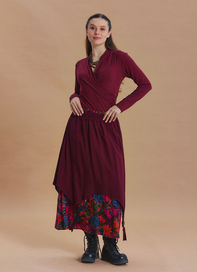 Elastic Waist Double Layer Black Floral Asymmetrical Skirt