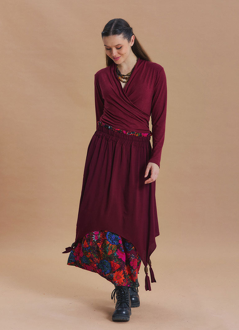 Elastic Waist Double Layer Black Floral Asymmetrical Skirt