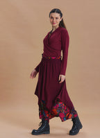 Elastic Waist Double Layer Black Floral Asymmetrical Skirt