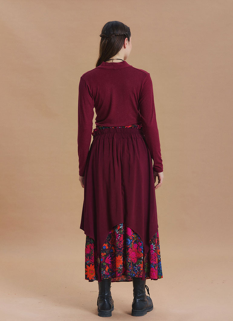 Elastic Waist Double Layer Black Floral Asymmetrical Skirt