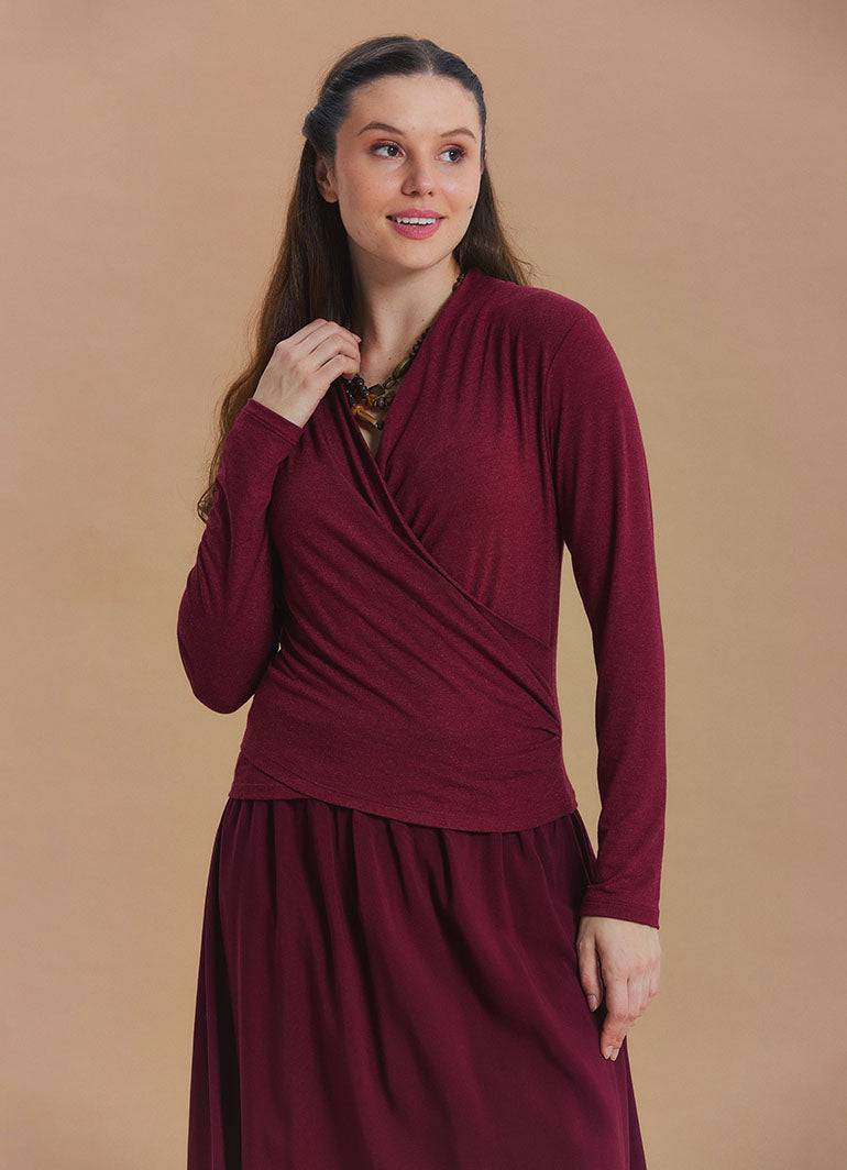 Wrap Neck Draped Burgundy Long Sleeve Blouse