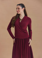 Wrap Neck Draped Burgundy Long Sleeve Blouse
