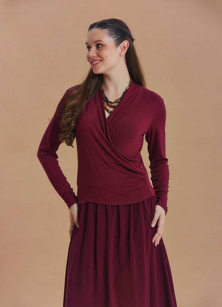 Wrap Neck Draped Burgundy Long Sleeve Blouse