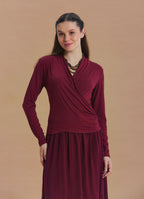 Wrap Neck Draped Burgundy Long Sleeve Blouse