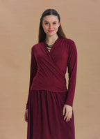 Wrap Neck Draped Burgundy Long Sleeve Blouse