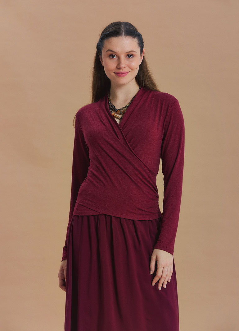 Wrap Neck Draped Burgundy Long Sleeve Blouse