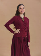 Wrap Neck Draped Burgundy Long Sleeve Blouse