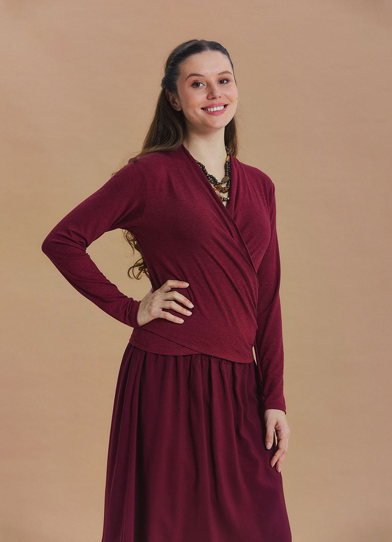 Wrap Neck Draped Burgundy Long Sleeve Blouse