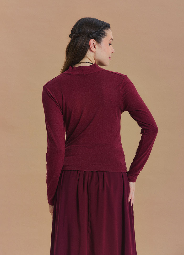 Wrap Neck Draped Burgundy Long Sleeve Blouse