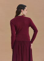 Wrap Neck Draped Burgundy Long Sleeve Blouse