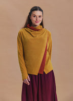 Cowl Neck Thumbhole Sleeve Yellow Long Knit Cardigan