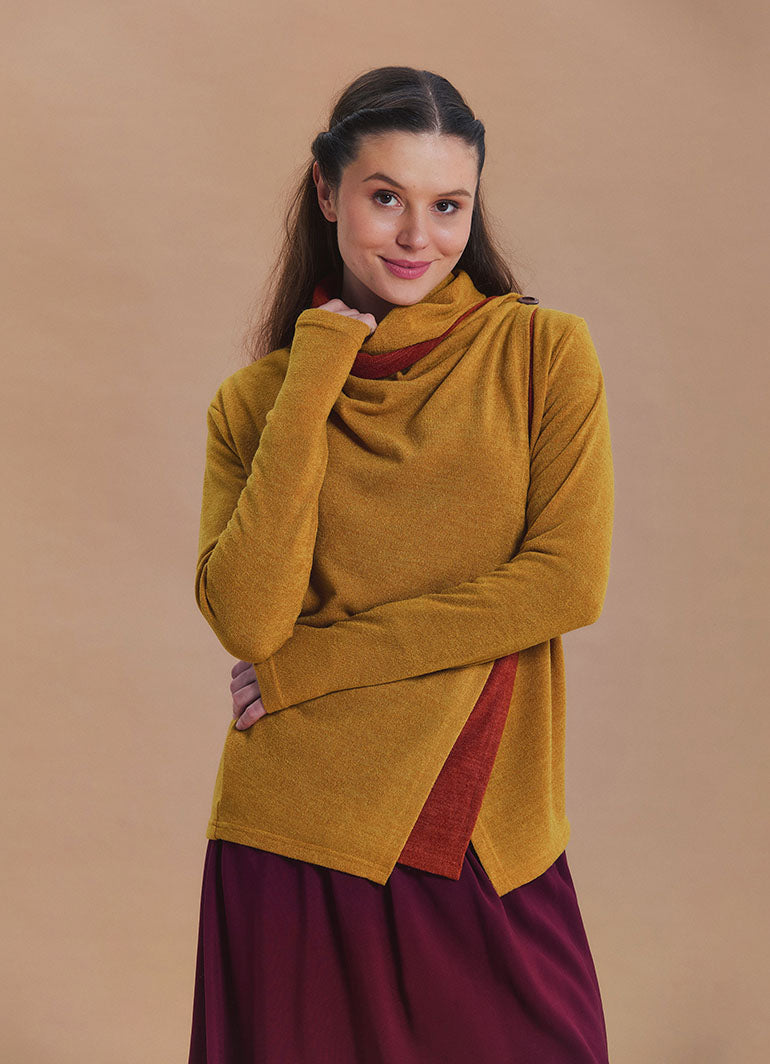 Cowl Neck Thumbhole Sleeve Yellow Long Knit Cardigan