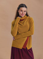Cowl Neck Thumbhole Sleeve Yellow Long Knit Cardigan