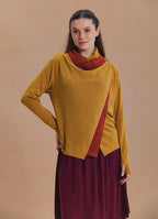 Cowl Neck Thumbhole Sleeve Yellow Long Knit Cardigan