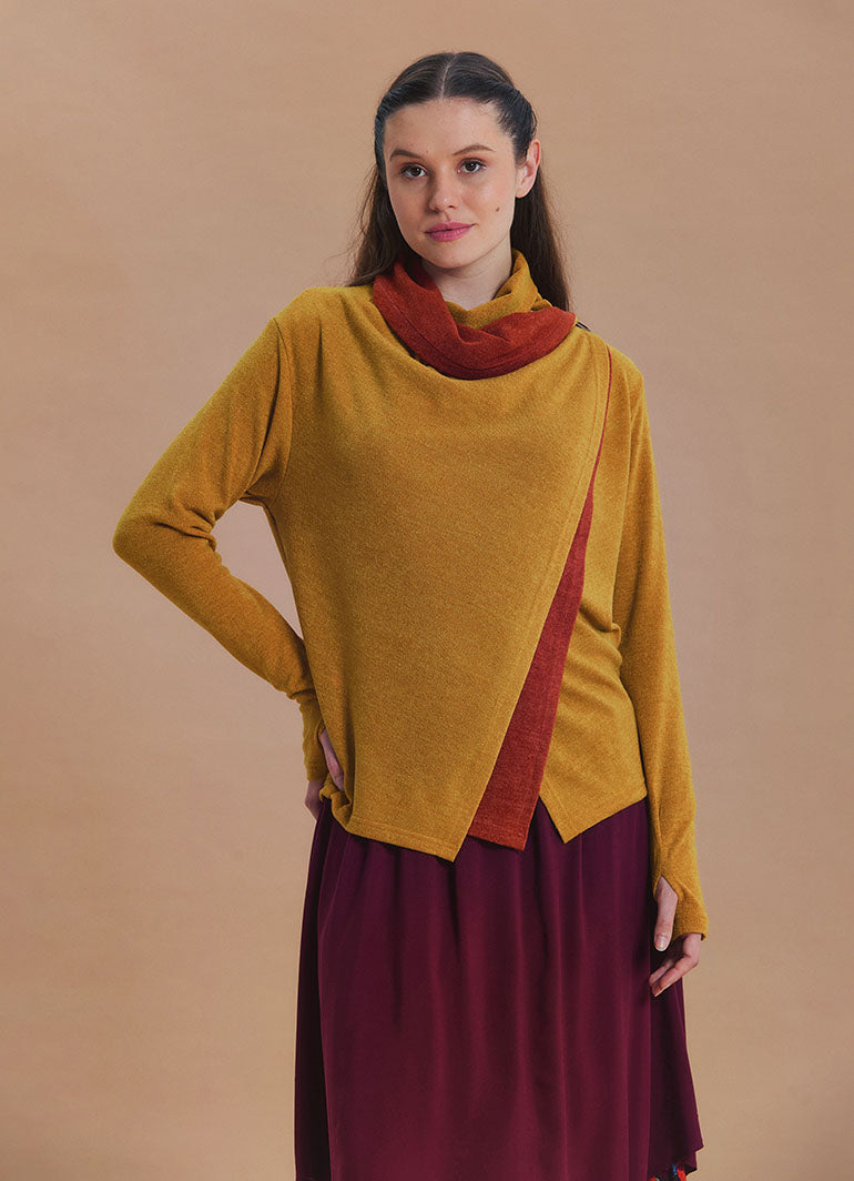 Cowl Neck Thumbhole Sleeve Yellow Long Knit Cardigan